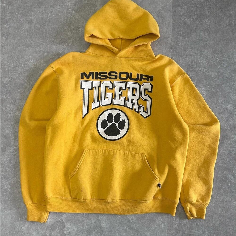 90s Vintage Missouri Tigers Yellow Russell Hoodie Size L